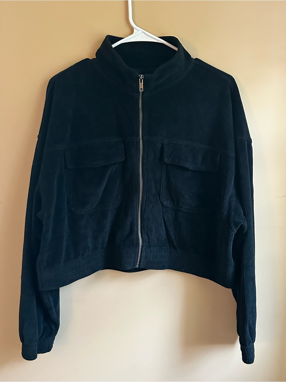 Aerie Groove On Full Zip Up Cropped Sweatshirt Jacket Black Velour Size XL